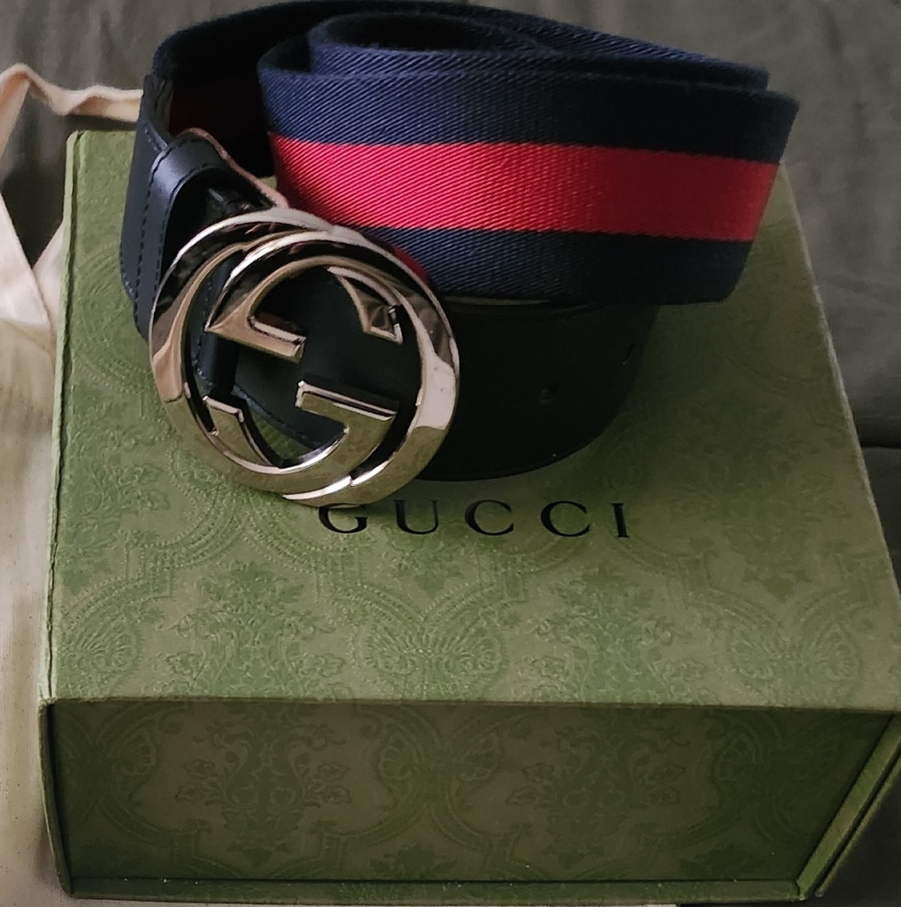Gucci Men's Belt with Red Stripe and Silver Logo